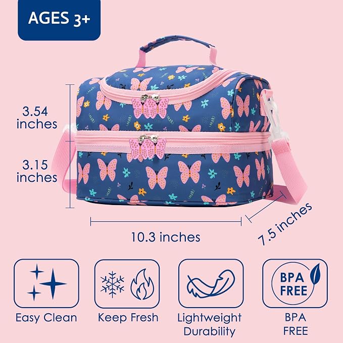 Insulated Kids Dual Compartment Lunch Bags Tote for Girls Boys Toddler Lunch Boxes Pre-School Toddler Kindergarten Picnic Camp Food Cooler Thermal with Strap (ZPINK‌BTFLY)