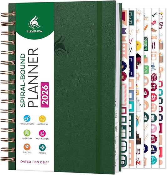 Clever Fox Dated Planner with Tabs 2026 – Weekly & Monthly Spiral Planner with Habit Tracker for Goal Setting & Time Management (Forest Green)