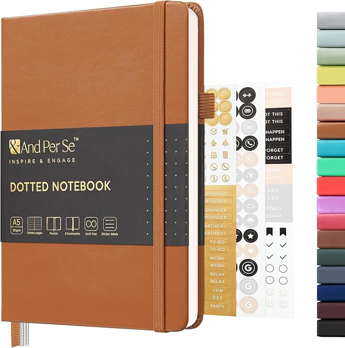 &And Per Se Dotted Journal Notebook, A5 Hardcover Leather Dotted Journal, 160 Pages 100gsm Thick Dot Grid Paper, 3 Sheets of Stickers Included - 5.7'' x 8'' (Light Brown)
