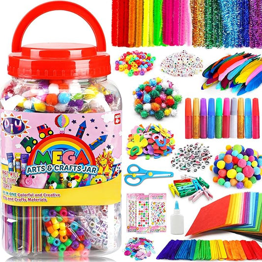 FUNZBO Arts and Crafts Supplies for Kids -Toddlers Craft Kit with Glitter Glue Stick, Pipe Cleaners, Popsicle Sticks, Pompoms & Stickers, Homeschool Supplies, Toys Crafts for Girls Age 4+