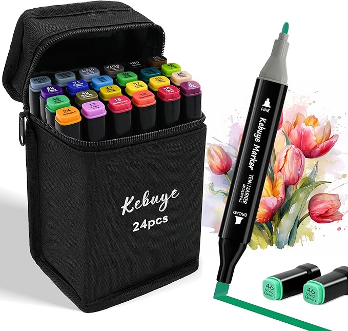 Kebuye Alcohol Markers 24 Colors - Drawing Marker for Adult Coloring Books No Bleeding Dual Tip Art Marker - Art Market Set for School Sketching Coloring Alcohol Based Markers with Base