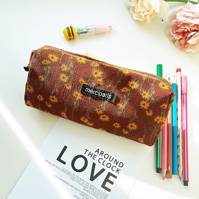 Pencil Pouch Cute Pencil Case Office Storage Bag Holder Box Organizer Aesthetic Bow Flower Pattern Makeup Pouch Cosmetic Bag for Women Girls