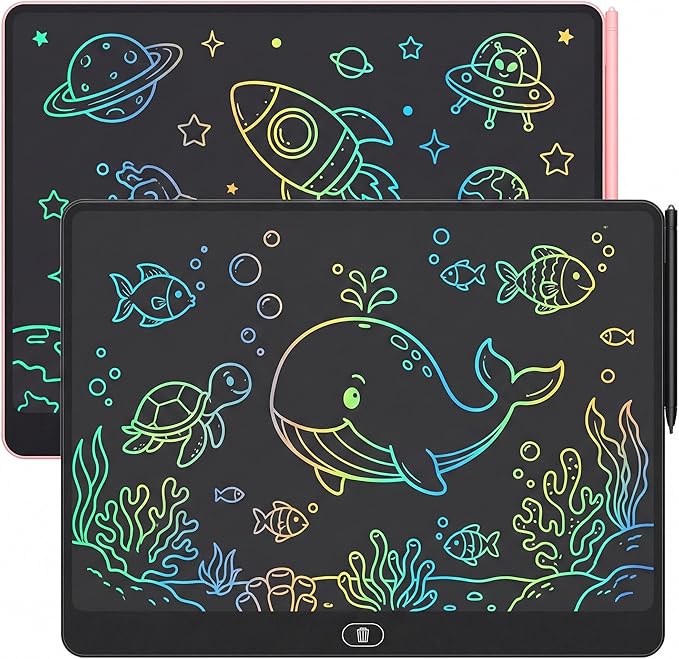 16 Inch LCD Writing Tablet for Kids 2 Pack, Large Drawing Board Doodle Pad, Colorful Screen Erasable Sketch Tablet, Travel Toys and Reusable Learning Gift for Boys Girls（Pink & Black