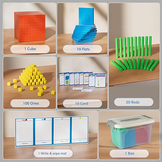 TOMMYHOME Base Ten Blocks with Place Value Chart 12 Boxes - Math Manipulatives for Kids.Counting Blocks for Math to Help Educate Kindergarten Teachers