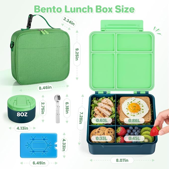 Bento Lunch Box with 8oz Soup Thermo,Kids Leakproof 4 Compartment Lunch Food Containers with Sauce Cup and Ice Pack,Kids Thermo Insulated Hot Food Jar and Lunch Bag for School,Trvael-Green