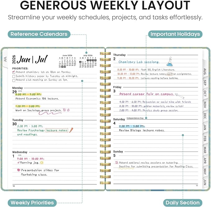 Planner 2026–2027, Academic Monthly Weekly Spiral Calendar, July 2026 – June 2027, Hardcover Agenda Notebook with Tabs, 6.3" x 8.5", Perfect for Students, Teachers, School & Daily Planning - Floral Halo