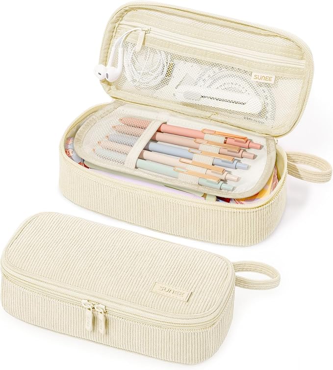 SUNEE Cute Pencil Case, Large Capacity Pencil Pouch Aesthetic Zipper Pencil Bag, Big Storage Pen Organizer for Stationery, Soft Corduroy Pencil Box Back to School Supplies for Teen Girls Boys, Beige