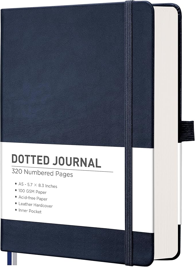 RETTACY Dotted Journal Notebook, 320 Numbered Pages, A5 Medium Size (5.7'' × 8.3''), Leather Hardcover, 100 GSM Thick Paper, for Journaling, Planning, Tracking (Navy Blue)