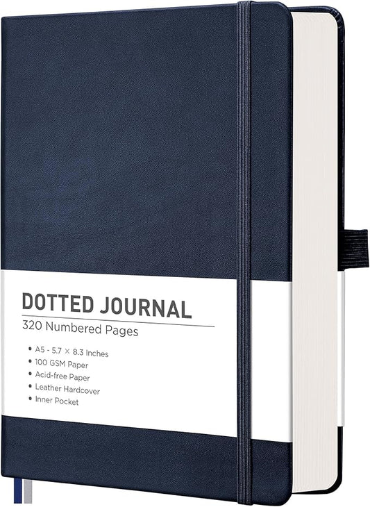 RETTACY Dotted Journal Notebook, 320 Numbered Pages, A5 Medium Size (5.7'' × 8.3''), Leather Hardcover, 100 GSM Thick Paper, for Journaling, Planning, Tracking (Navy Blue)