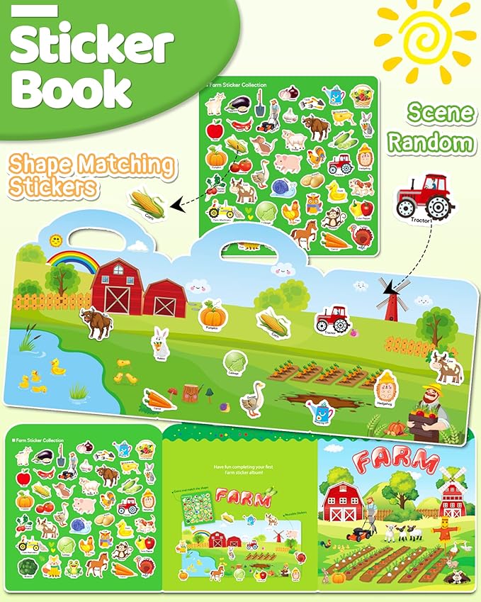 Benresive Reusable Sticker Book for Toddlers, Travel Stickers for Kids, Toddler Crafts Activities Toys, Birthday Gifts for Boys & Girls - Farm
