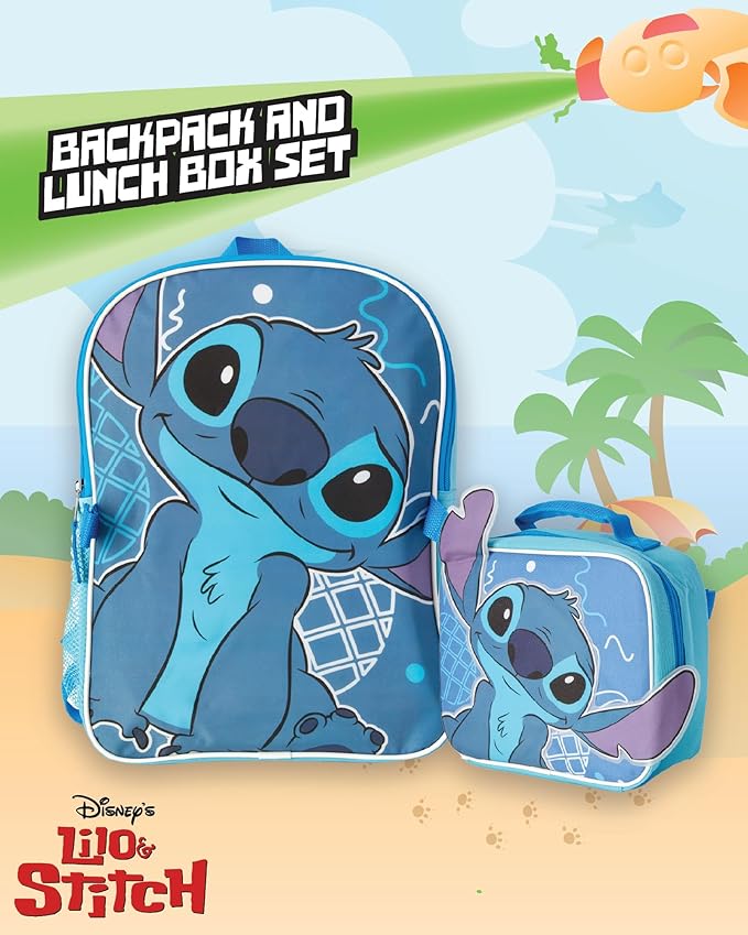 Fast Forward Stitch Kids Backpack and Lunch Box Set - 14 Inch Boys & Girls Backpack with Lunch Box for Preschool Kindergarten, Stitch Blue