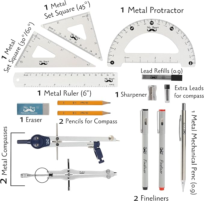 Mr. Pen- Professional Geometry Set, 15 pcs, Geometry Kit for Artists and Students, Geometry Set, Metal Rulers and Compasses, Drawing Tools, Drafting Supplies, Drafting Set, Drafting Tools and Kits