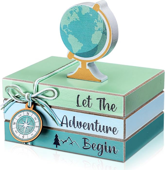 Pinkunn 4 Pcs Travel Themed Decorations Adventure Awaits Wooden Centerpieces, Let The Adventure Begin Book Stacks Table Toppers for World Bon Voyage Travel Around The World Home Office Desk Shelf