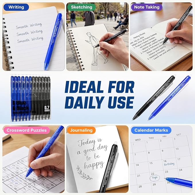 sunacme Retractable Erasable Gel Pens, 6 Black & 6 Blue Fine Point Erasable Pens Clicker, Make Mistakes Disappear, Perfect for Drawing, Writing, Planner & Crossword Puzzles (0.7mm, Pack of 12)