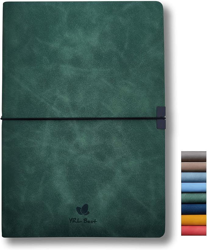 Softcover Bullet Notebook Journal, Dotted/Dot Grid, A5, 5.8x8.3 Inches, Premium Faux Leather, Creamy Thick Paper, Sewn Bound, Elastic Band, Inner Pocket, Pen Loop, Lays Flat, Green