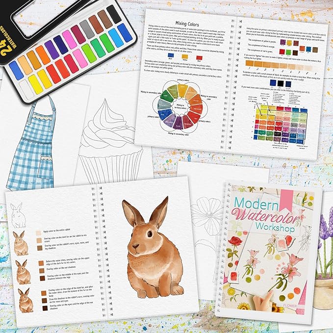 3Pcs Watercolor Workbook Paint Book Beginner Friendly Painting Kit, 36 Pages Workbooks with 24 Paint Colors & Brush for Beginners, Stress-Relieving Gift for Women Adults (Kitchen&Animals&Flower)