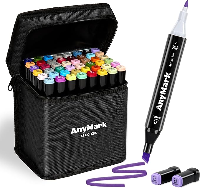 AnyMark Alcohol Markers, 48 Colors Dual Tip Art Coloring Markers Set for Adult Book Drawing Sketching Painting, Chisel & Fine, Black Penholder