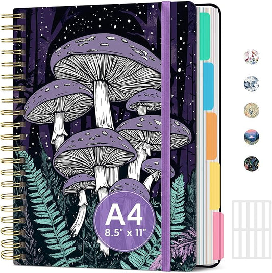 Large Lined Spiral Journal for Women Cute Hardcover 5 Subject Notebook for Work 8.5" x 11" with Removable Dividers & Tabs, College Ruled, 280 Pages Aesthetic Journal for Work, School & Note Taking, Enchanted Fungi