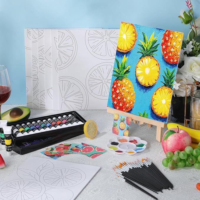 Cholemy 36 Pcs Paint and Sip Kit for Adults 8''x10'' Pre Drawn Canvas for Painting DIY Afro Acrylic Painting Kit Wood Easel Brushes Date Night Bulk for Father's Day Party Gifts(Colorful Fruits)
