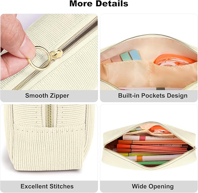 FINPAC Pencil Case, Corduroy Aesthetic Makeup Bag, Cute Kawaii Pen Bag Pouch Holder Box Organize for Study, Office, or Travel (Beige)