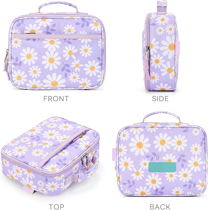 mibasies Kids Lunch Box for Girls Toddler, Insulated and Reusable Lunch Bag for School, Daisy Purple