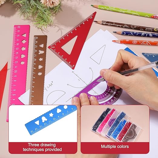 PATIKIL 8 Pcs Geometry Drafting Tool, Aluminum Alloy Geometry Kit Math Tool Includes 15cm L Ruler Protractor Triangles for Drafting Angle Measure Simple Science Experiment, Sky Blue