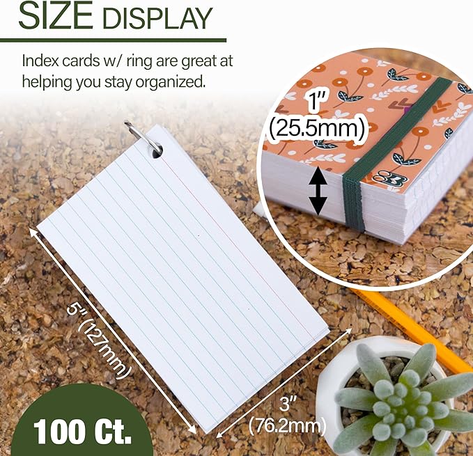 BAZIC Products Index Cards 3x5 Inches, Index Cards with Ring, Cute Floral Poly Cover, White Ruled, 100 Count, Flash Cards Notecards for Studying Learning Student School College Office, RANDOM, 1-Pack