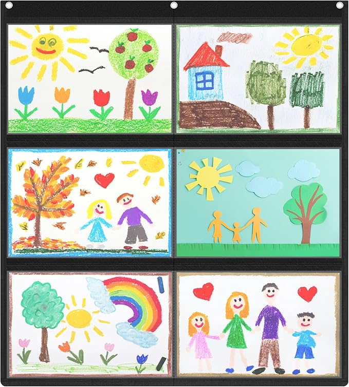 MotiMind 1 Pcs 6 Pockets Black Classroom Chart with Large Pockets 28.3 x 24.4 in, A4 Classroom Schedule Pocket Chart for Cards, Drawing, Pictures, Homework, Teacher Office Activities