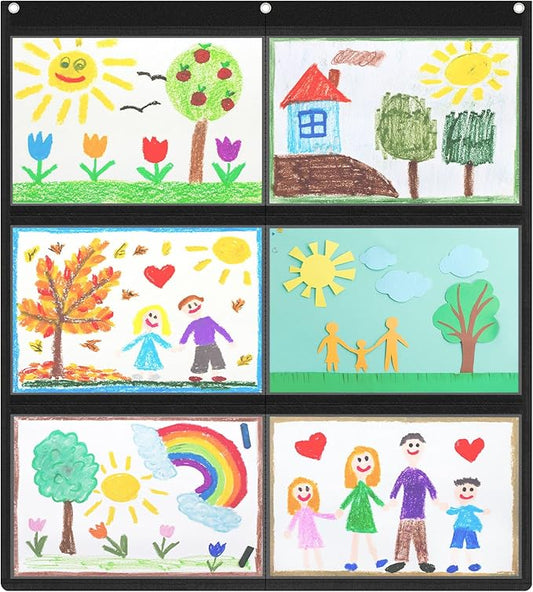 MotiMind 1 Pcs 6 Pockets Black Classroom Chart with Large Pockets 28.3 x 24.4 in, A4 Classroom Schedule Pocket Chart for Cards, Drawing, Pictures, Homework, Teacher Office Activities