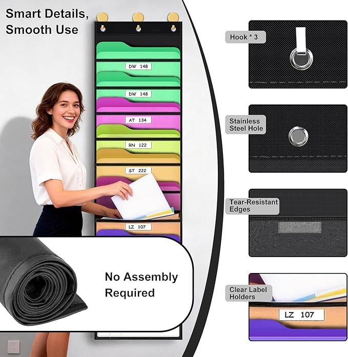 ABCxGOOD 10 Pockets Hanging Wall File Organizer, Transparent Clear Pockets Storage Chart with Over Door Hooks for Office, Classroom & Home, File Folder & Paper Organizer, Includes Labels (10 Pockets)