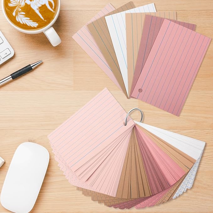 Epakh 300 Pieces Lined Index Cards 180 GSM Thick Flash Cards with Rings Notecards Punched Back to School for Studying Adults Home College Office(3 x 5 Inch,Dark Pink Brown Series)