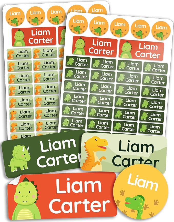 Personalized Daycare Name Labels for Kids [70pcs, Jurassic] - Waterproof Name Stickers for School, Baby Bottles & Clothing - Custom Name Stickers - Washable Stick On Labels (Various Sizes)
