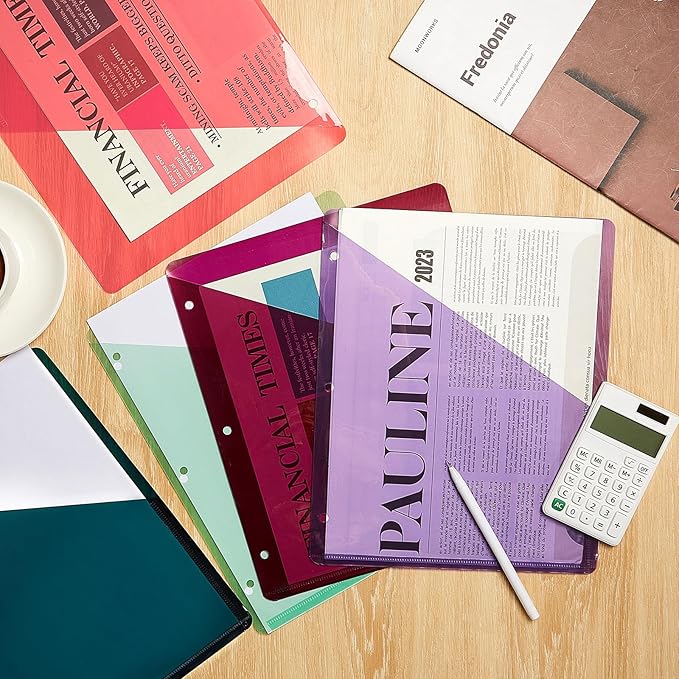Maitys 5 Pack Binder Pockets 3 Hole Punch Clear Plastic Document Folders Binder Organizer Store Letter Size 8.5 x 11 Inch Paper Folders with Pockets Slash File Jacket for Office (Happy Color)