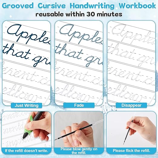 gisgfim Grooved Cursive Handwriting Workbook Magic Reusable Grooved Cursive Handwriting Practice Guided Tracing with Disappearing Ink Pens for Beginners Kids Learning Activities Supplies (Reading)
