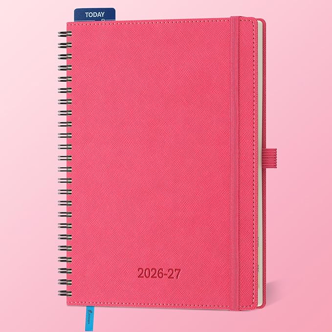 Planner 2026-2027 Daily Weekly and Monthly,8.5"x6.5",18 Months Spiral Bound Calendar Agenda with Self-adhesive Pen Holder,2026 Academic Plan with Vegan Leather Soft Cover,Rose Red