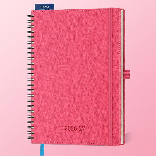 Planner 2026-2027 Daily Weekly and Monthly,8.5"x6.5",18 Months Spiral Bound Calendar Agenda with Self-adhesive Pen Holder,2026 Academic Plan with Vegan Leather Soft Cover,Rose Red