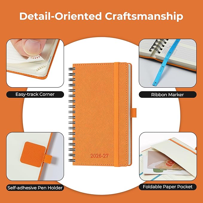 Planner 2026-2027 Daily Weekly and Monthly,6.5"x3.75",18 Months Spiral Bound Calendar Agenda with Self-adhesive Pen Holder,2026 Academic Plan with Vegan Leather Soft Cover,Orange