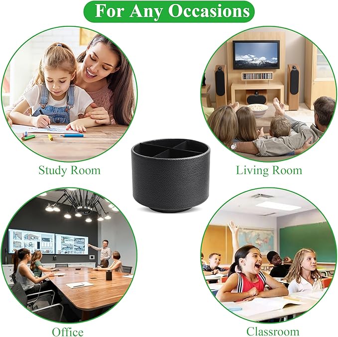 Round Leather Art Supply Organizer,Remote Control Holder,360 Degree Spinning,Multi-Functional Pencil Holder,4 Compartments Desktop Stationary Organizer(1-Lichee Black)