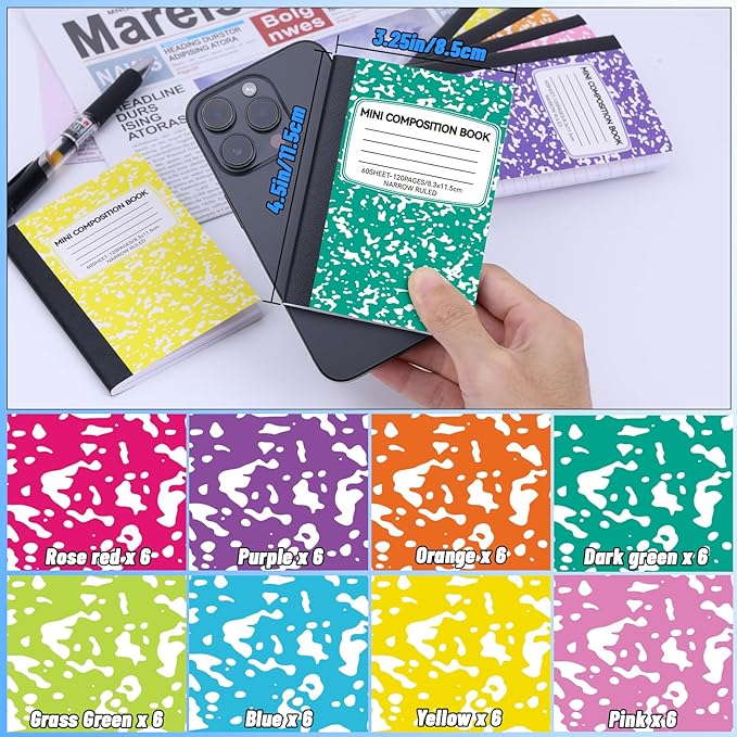 48 Pack 4.5" x 3.25" Mini Composition Notebooks Bulk 8 Colors Cute Composition Books 60 Sheets Narrow Ruled Small Pocket Notebook Pocket Sized Marble Journal for Students College Office