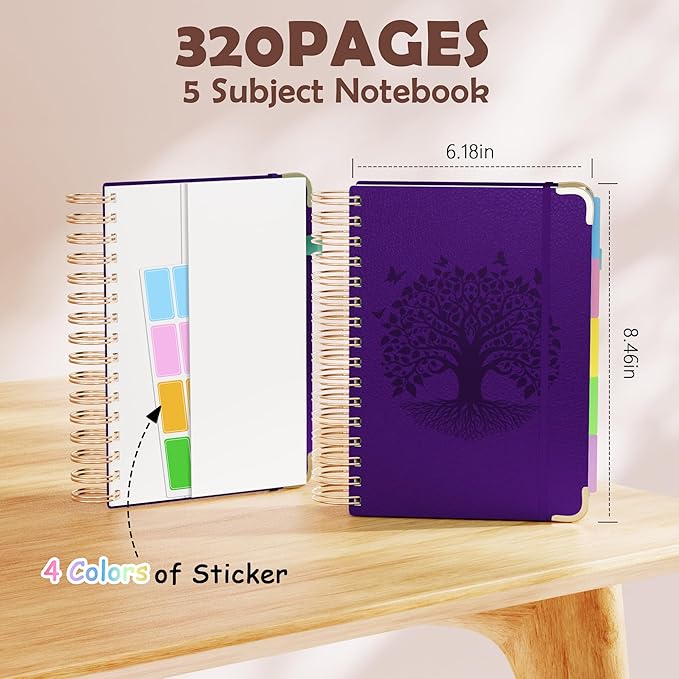 QIYVLOS Hardcover Spiral Notebook, A5 Journal with Removable Dividers Tabs, 5 Subject Notebook College Ruled, 320 Pages 6"x8" Leather Notebooks for Work School Study, Lined Journal for Women, Purple