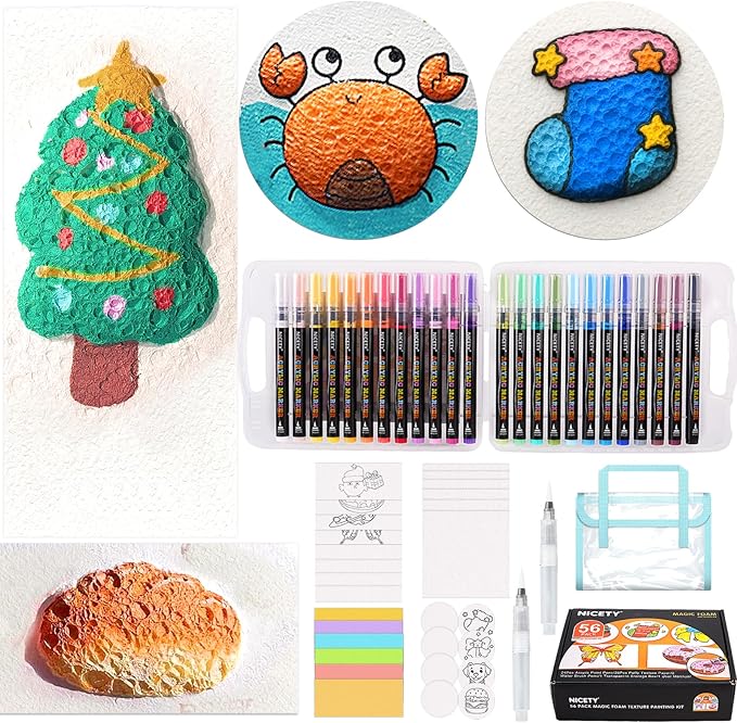 NICETY Magic Foam Texture Painting Kit, 56 Pack 3D Art Set with 24 Acrylic Paint Markers, 28 Puffy Texture Paper, 2 Water Brush Pens, Transparent Storage Box – Aqua Puffs Effect Magic Paint Set