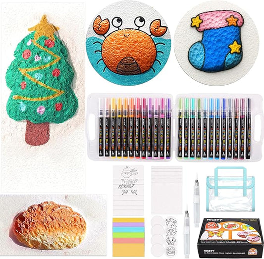 NICETY Magic Foam Texture Painting Kit, 56 Pack 3D Art Set with 24 Acrylic Paint Markers, 28 Puffy Texture Paper, 2 Water Brush Pens, Transparent Storage Box – Aqua Puffs Effect Magic Paint Set