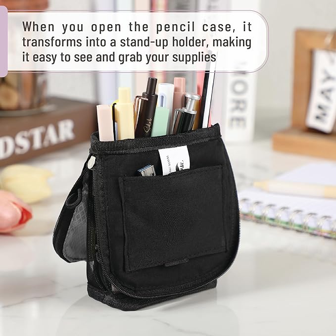 Mr. Pen- Standing Pencil Case Pouch, Sit & Lay Mesh-View Design, Black & Gray, Interior Pocket & 2 Elastic Binder Loops, Cute Pencil Case for Girls and Boys