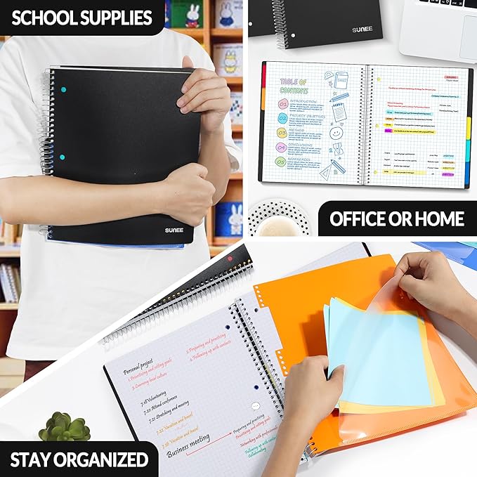 SUNEE 5 Subject Graph Paper Notebook - 400 Pages, 9"x11", 4x4 Graph Ruled Notebook, 5 Pocket Colored Dividers, 3-Hole Punched Paper, Black