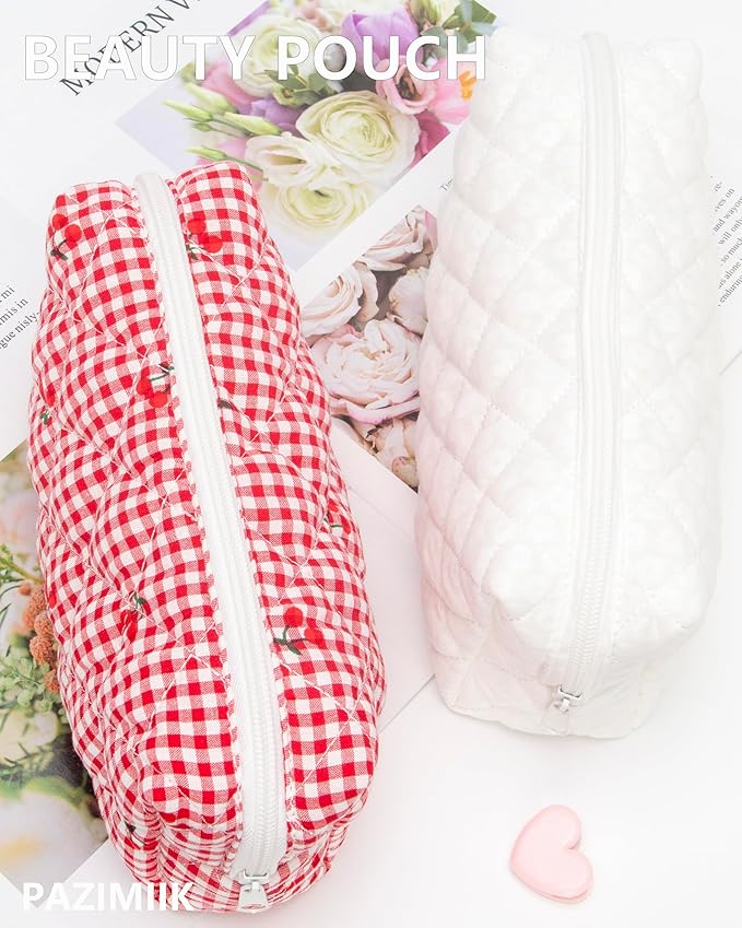 PAZIMIIK Vintage Quilted Makeup Bag Cosmetic Pouch for Brushes Pencils and Travel Make Up Accessories for Women and Girls Plaid Cherry