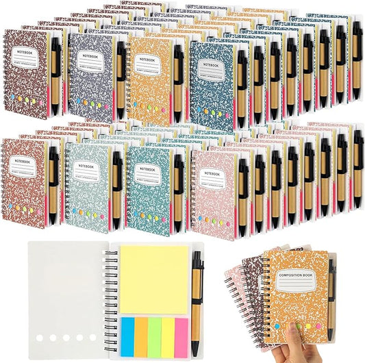 Dunzoom 24 Sets Spiral Notebook Bulk, Steno Pads Lined Notepad with Pen, Sticky Notes Colored Index Tabs, 5.2" x 4.1" Pocket Notebook for Home Business Office Supplies, 60 Sheets (Macaron)