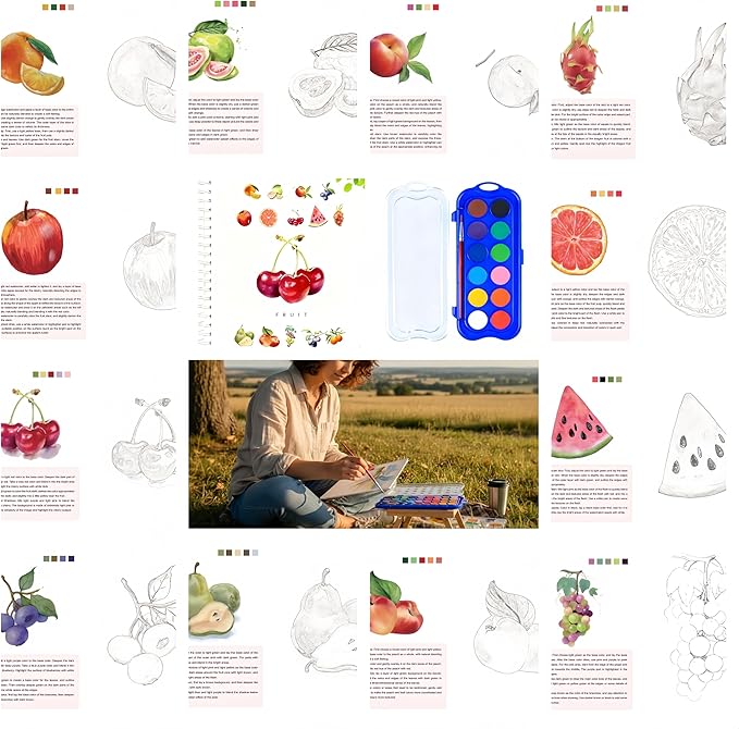 12 Colors Watercolor Book with Paint，Beginner Watercolor Workbook Kit, Watercolors Workbook (Fruit -12 Colors)