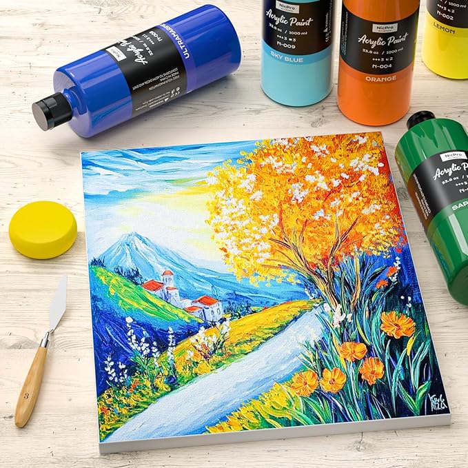 Nicpro 14 Colors Large Bulk Acrylic Paint Set (33.8 oz, 1000 ml) Rich Art Painting Supplies, Non Toxic for Multi Surface Rock Canvas Wood Ceramic Leather Fabric Craft for Adult with Color Wheel