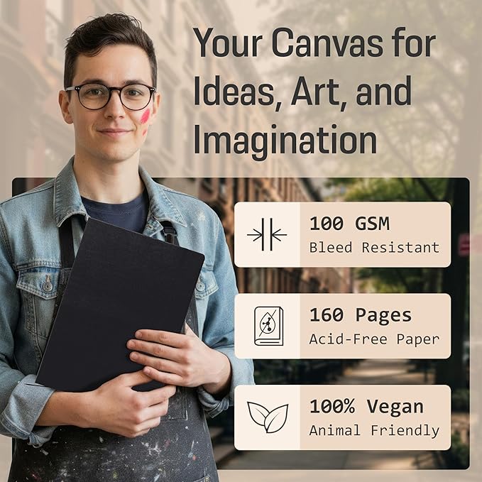 BROWNSTONE JOURNALS A4 Sketch Book Hardcover - 80 Sheets 100 GSM Paper 8.5"x11.5", Lay Flat, Vegan Leather Cover, Elastic Band, Back Pocket, Art Drawing Book (Charcoal Black)
