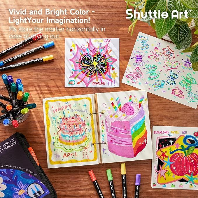 Shuttle Art 80 Colors Dual Tip Acrylic Paint Markers, Brush Tip and Fine Tip Acrylic Paint Pens for Rock, Ceramic, Wood, Canvas, Plastic, Glass, Stone, Calligraphy, Card Making, DIY Crafts
